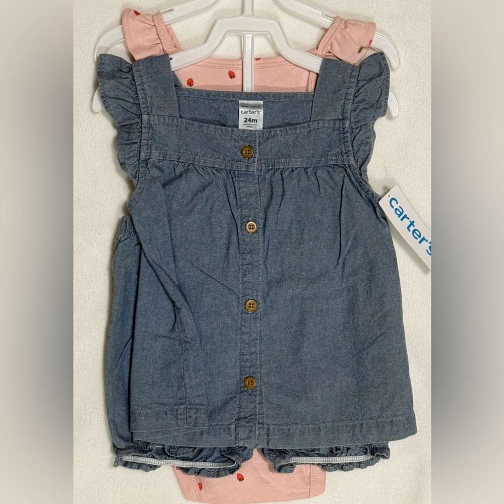 Carter's 24M Girls 3-Pc Set - Chambray Top Shorts & Dusty Pink Bodysuit - NWT